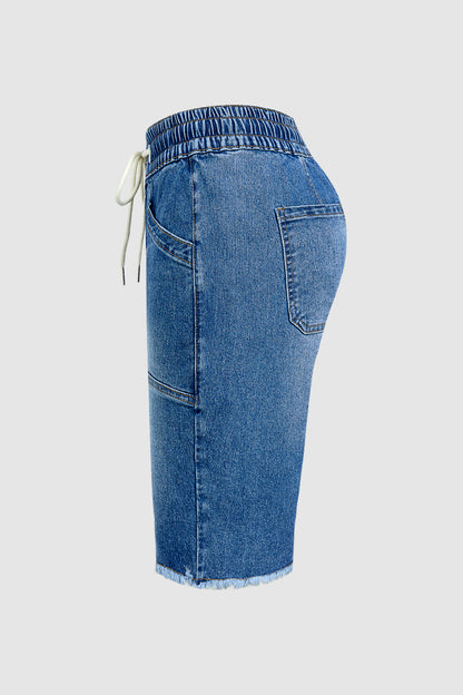 Raw Hem Stitch Detail Drawstring High Waist Denim Bermuda Shorts