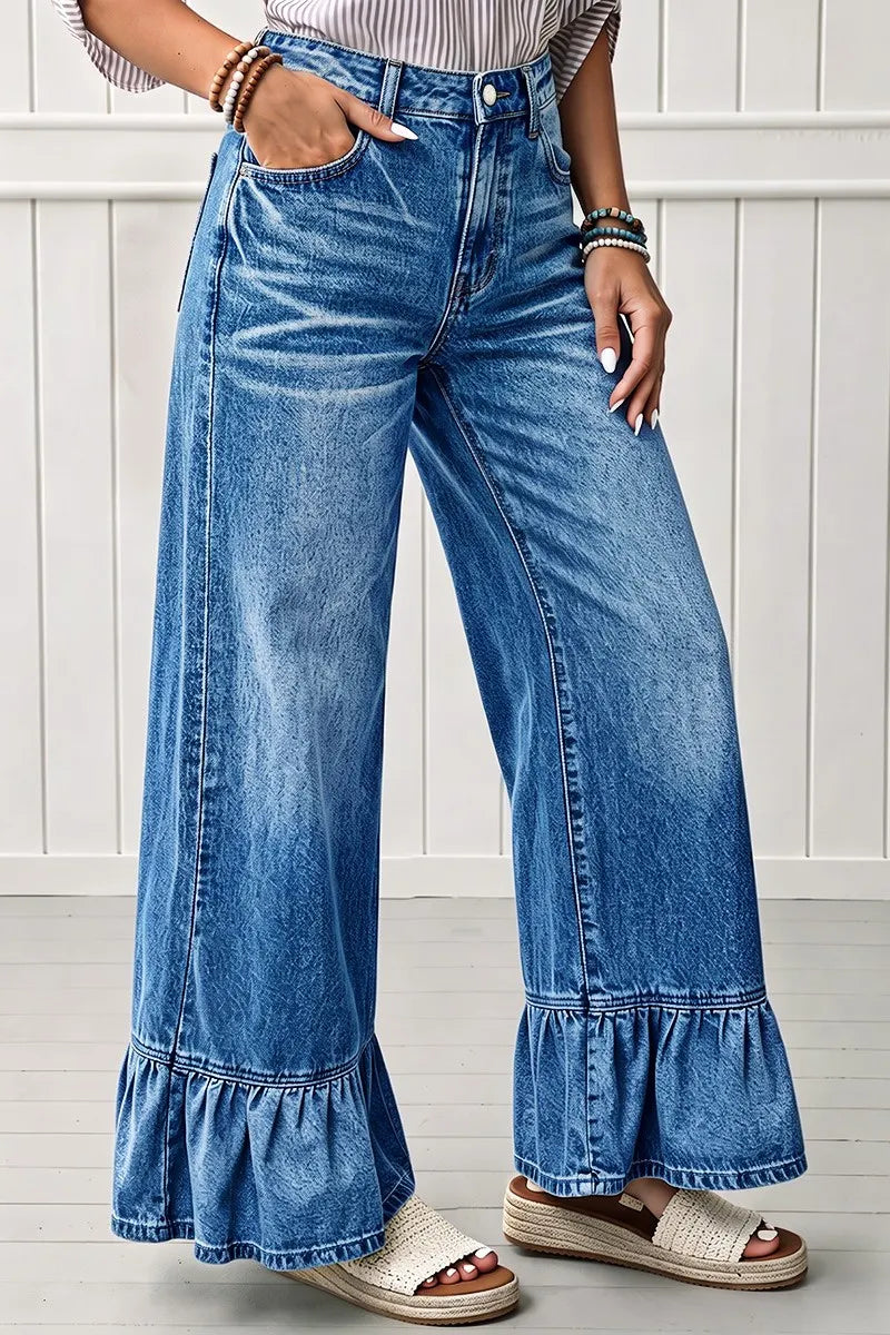 Wash Ruffle Hem High Waist Wide Leg Jeans