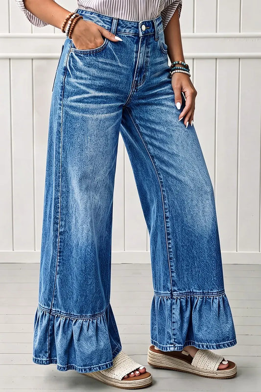 Wash Ruffle Hem High Waist Wide Leg Jeans