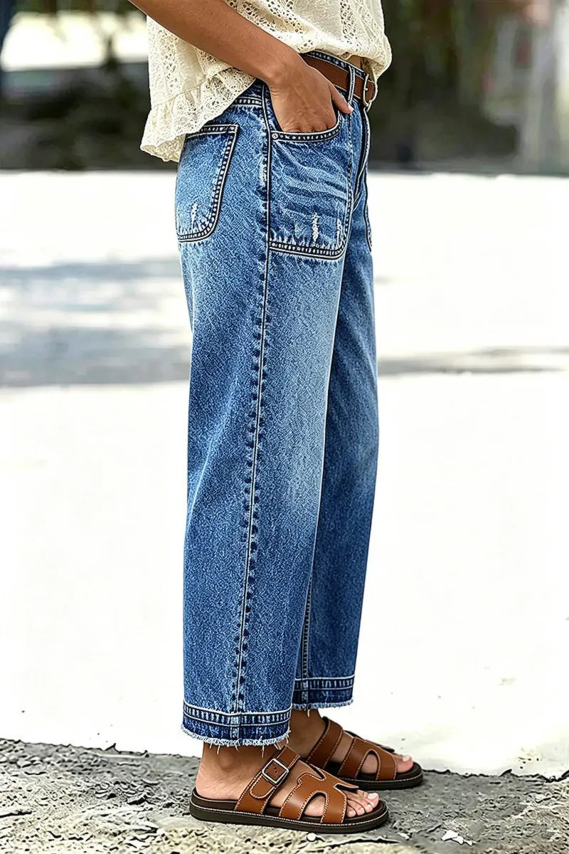 Wash Ripped Raw Hem Mid Rise Straight Leg Crop Jeans