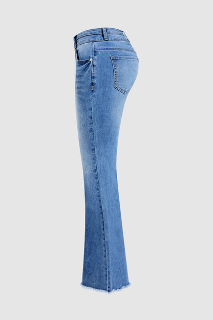 Wash Raw Hem Dual Button Mid Waist Bootcut Jeans