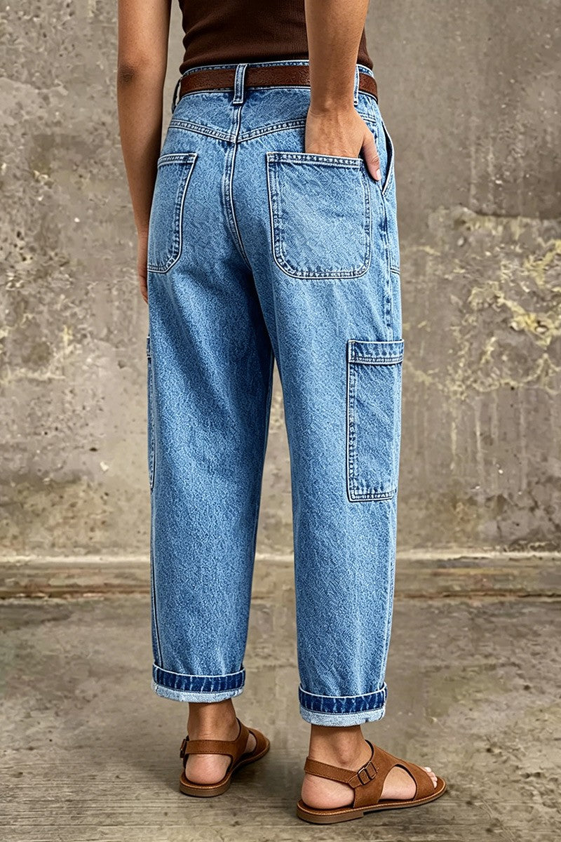 Wash Patch Pocket Roll Hem High Rise Crop Tapered Jeans Without Belt