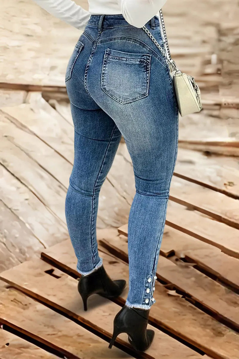 Pearl Button Side Raw Hem High Waist Skinny Jeans
