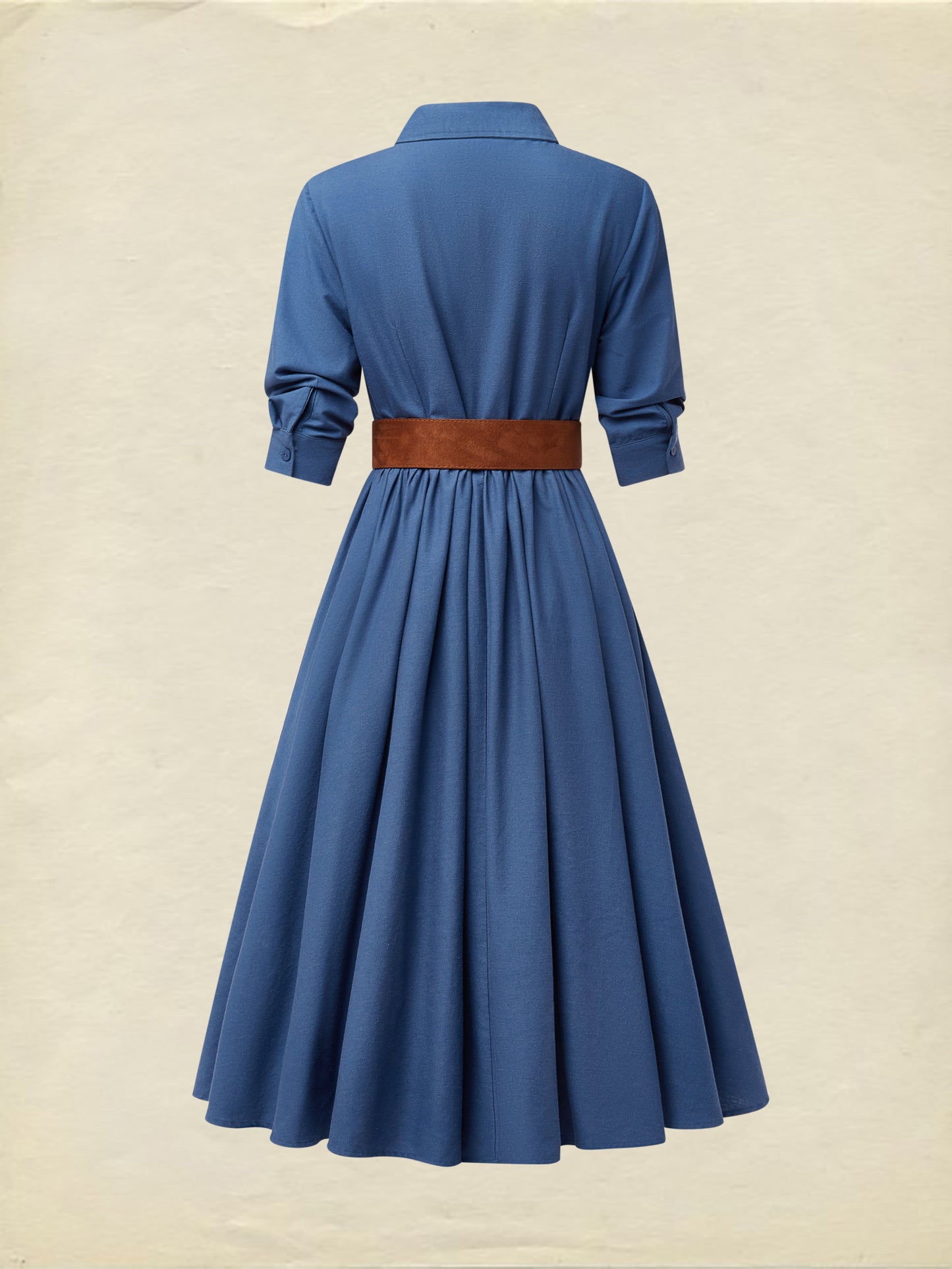 Robe midi en lin, manches courtes, col châle, unie, boutonnée, vintage, bleu marine