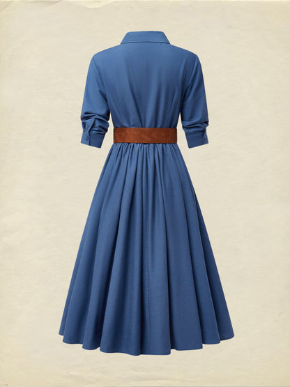 Robe midi en lin, manches courtes, col châle, unie, boutonnée, vintage, bleu marine