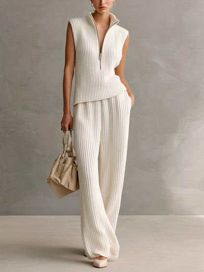 Chic Elegant Cream White Zipper-Up Stand Collar Sleeveless Tank Top And Wide-Leg Pants Ribbed Knit Two-Piece Set