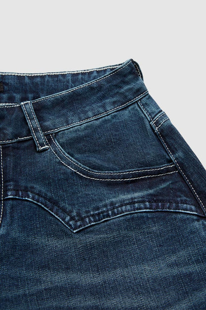 Wash Stitch Detail Mid Rise Straight Leg Jeans Without Belt