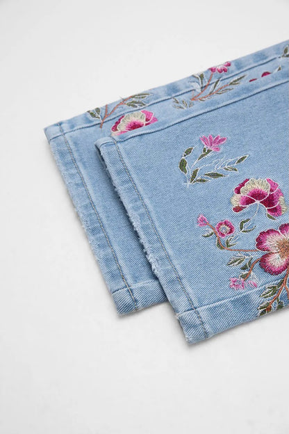 Wash Floral Embroidery Mid Rise Straight Leg Jeans