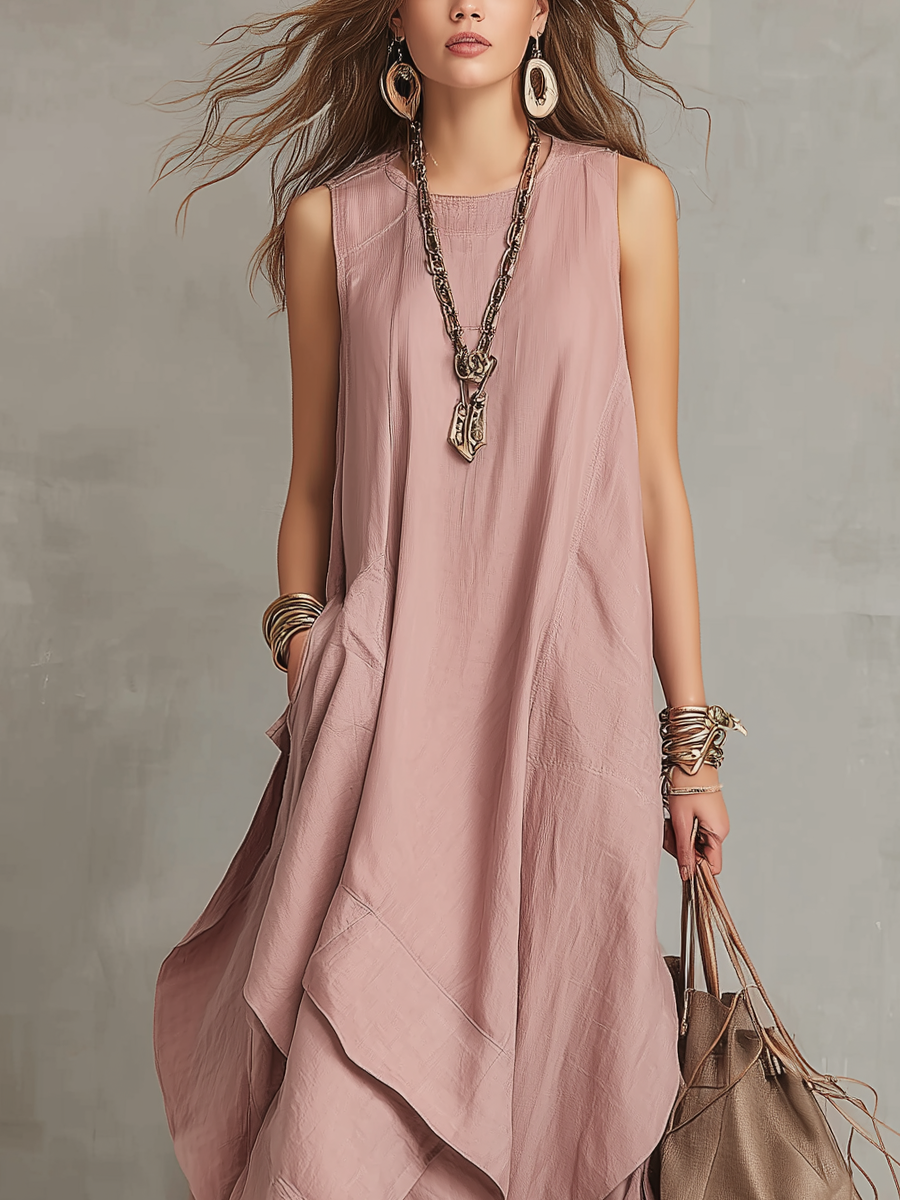 Robe longue bohème en coton et lin rose nude asymétrique