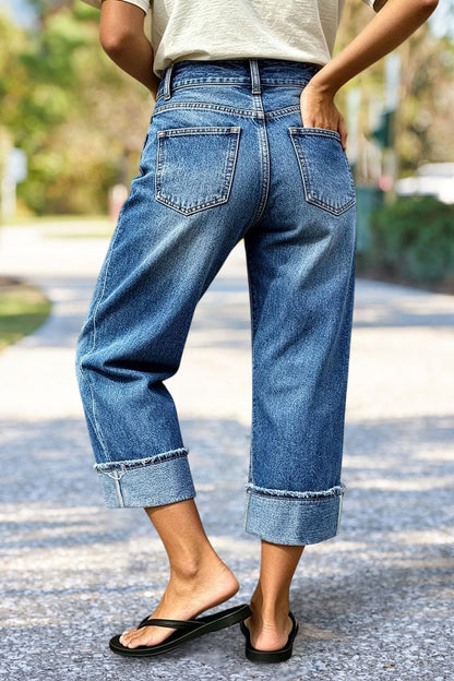 Raw Hem Stitch Detail Mid Waist Straight Leg Crop Jeans