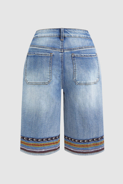 Embroidery Mid Waist Denim Bermuda Shorts Without Belt