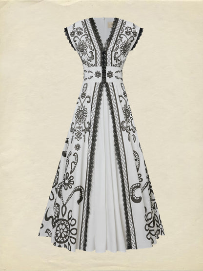 Robe longue en coton, Manches courtes, Col en V, Cachemire, Dentelle, Vacances, Vintage, Blanc