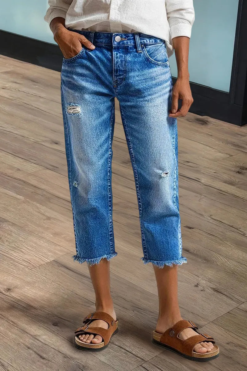Raw Hem Ripped Mid Waist Straight Leg Capri Jeans