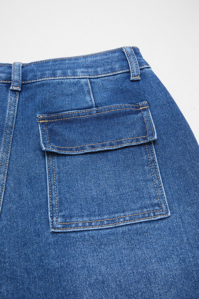 Wash Flap Pocket Drawstring Mid Rise Denim Bermuda Shorts