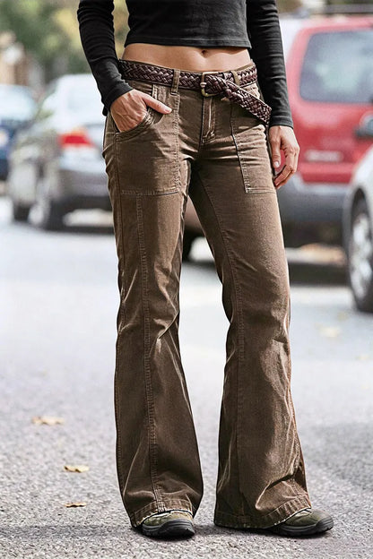 Flap Pocket Stitch Detail Mid Waist Flared Pants Without Belt