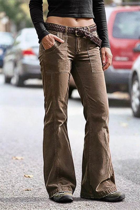 Flap Pocket Stitch Detail Mid Waist Flared Pants Without Belt