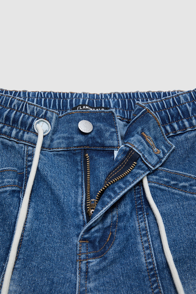 Raw Hem Stitch Detail Drawstring High Waist Denim Bermuda Shorts