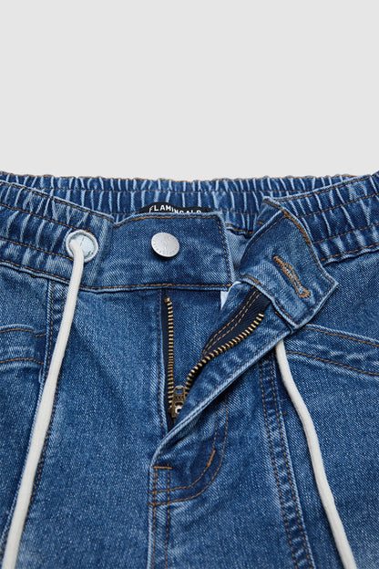 Raw Hem Stitch Detail Drawstring High Waist Denim Bermuda Shorts