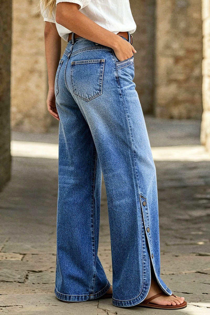 Wash Side Button Detail Split Mid Waist Wide Leg Jeans Without Belt