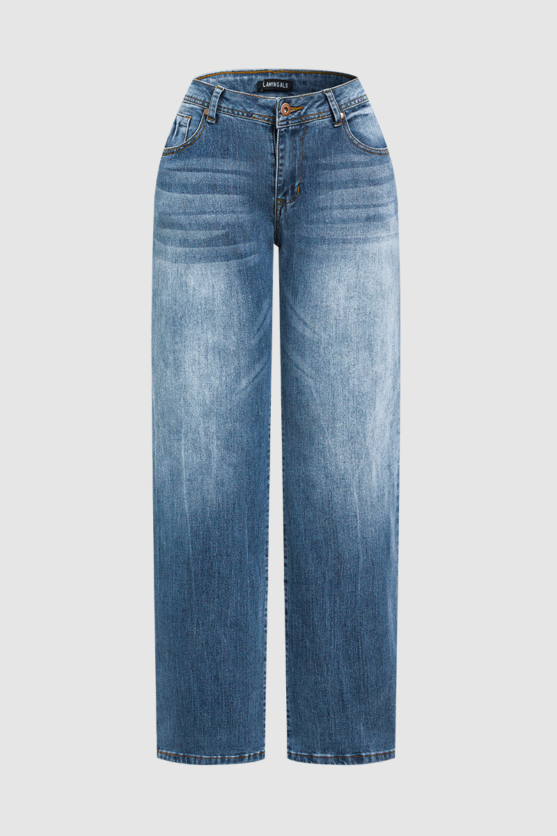 Wash Stretchy Mid Waist Straight Leg Jeans