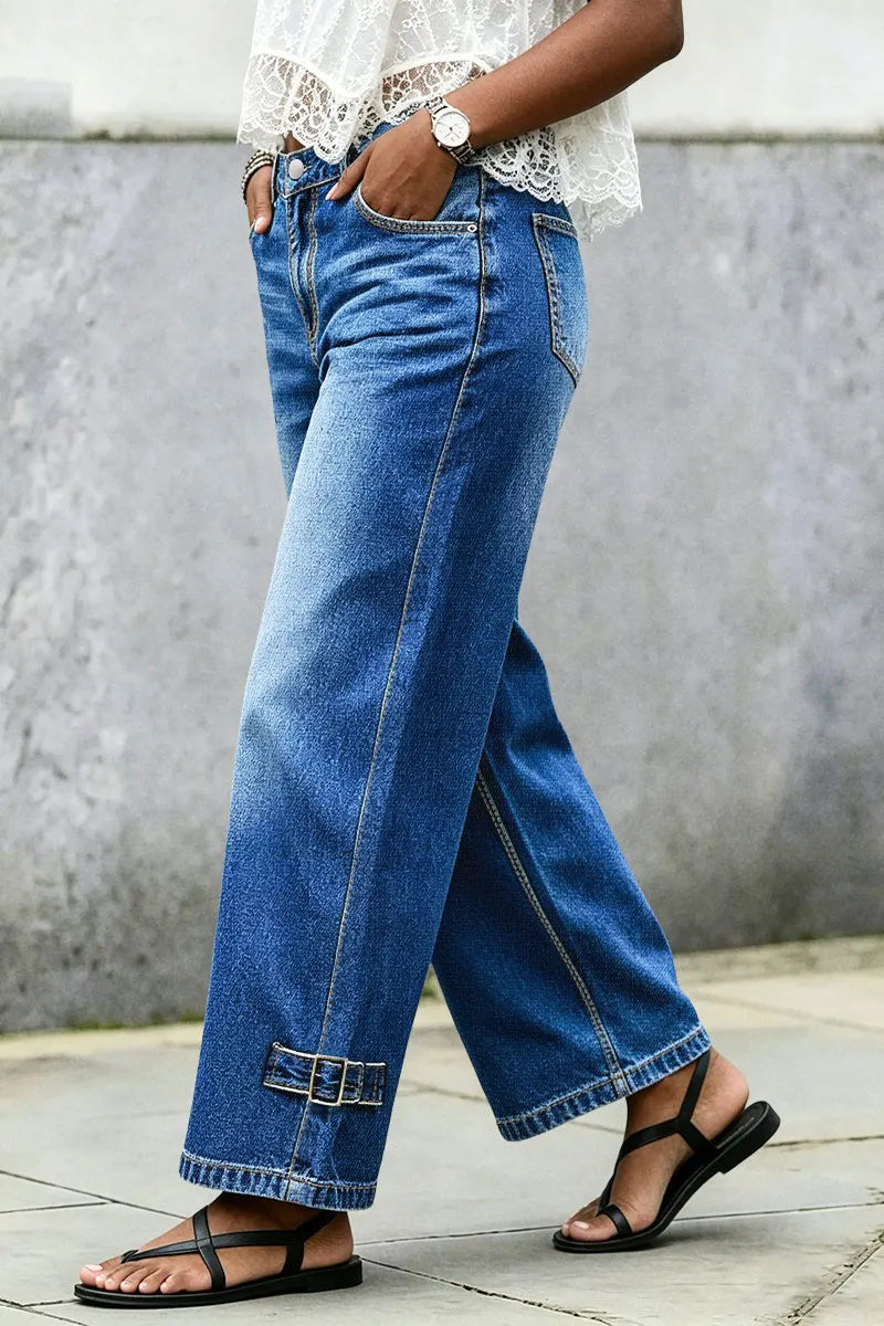 Wash Buckle Hem Mid Rise Wide Leg Crop Jeans