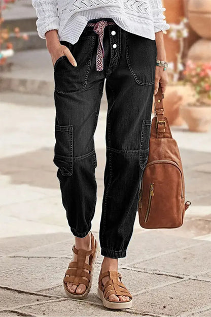 Multi Pocket Button Fly Mid Rise Straight Leg Crop Jeans Without Belt