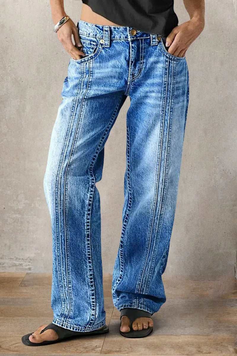 Stitch Detail Mid Waist Straight Leg Jeans