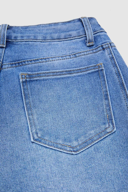 Wash Seam Front Roll Raw Hem Mid Rise Straight Leg Crop Jeans Without Belt
