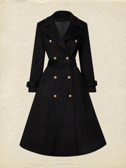 Trench-coat en laine, manches longues, col à revers, uni, boutonné, vintage, noir