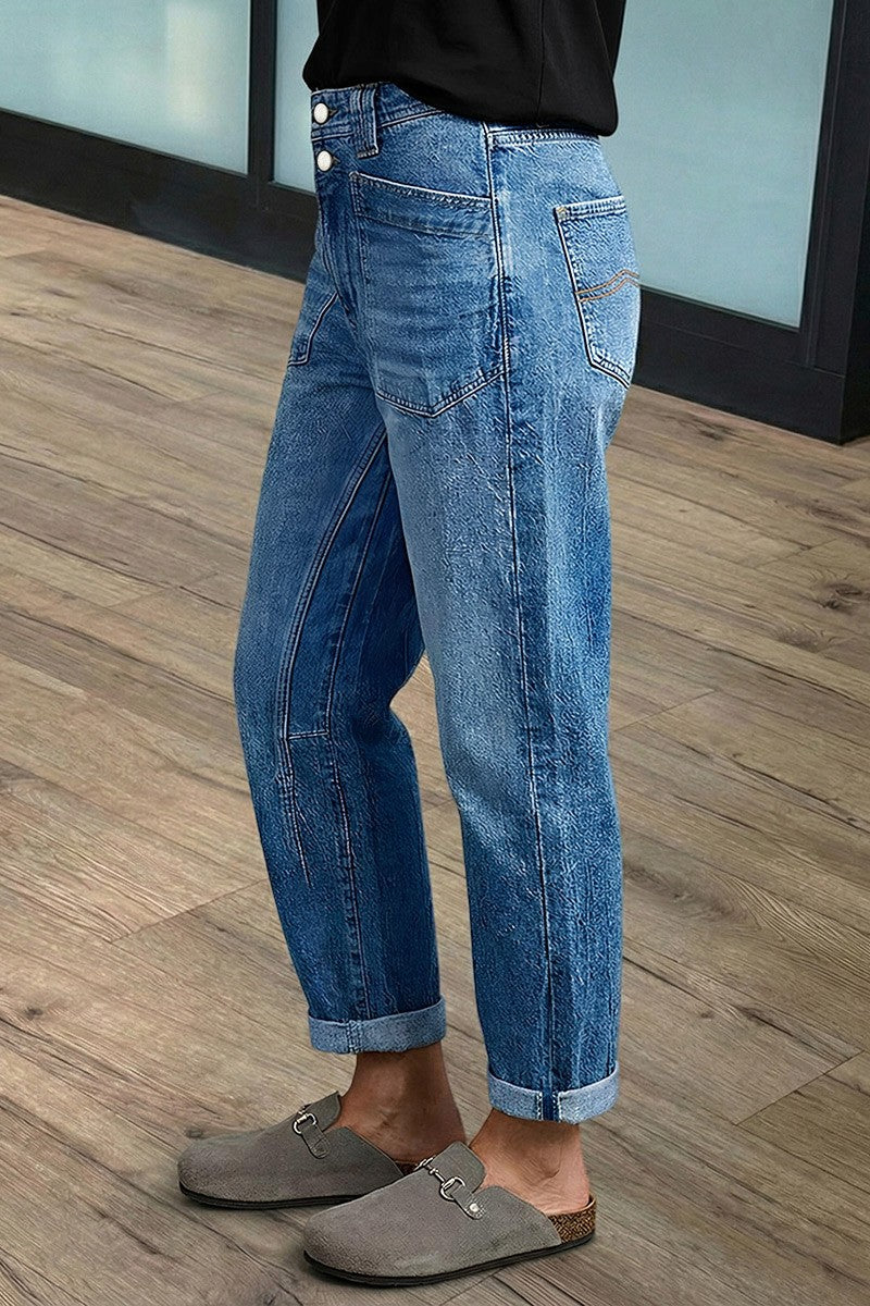 Wash Patch Pocket Dual Button Mid Rise Barrel Leg Crop Jeans