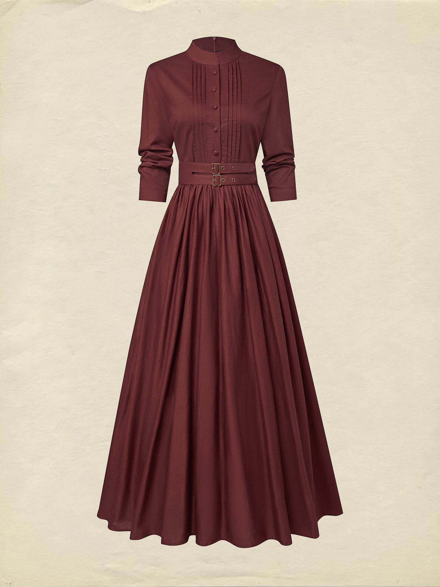 Robe longue en lin, manches longues, col montant, unie, boutonnée, vintage, rouge