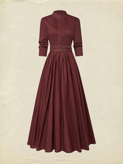 Robe longue en lin, manches longues, col montant, unie, boutonnée, vintage, rouge