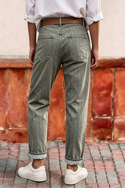 Pinstriped Roll Hem High Waist Straight Leg Cropped Pants Without Belt