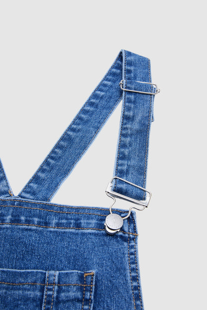 Wash Ripped Raw Hem Patch Pocket Denim Shortalls