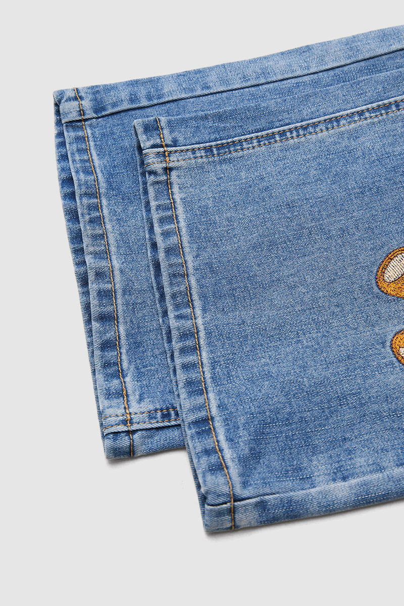 Valentine's Day Pattern Embroidered Patch Pocket Mid Rise Straight Leg Jeans Without Belt
