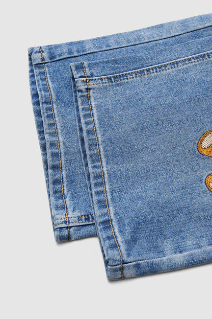 Valentine's Day Pattern Embroidered Patch Pocket Mid Rise Straight Leg Jeans Without Belt