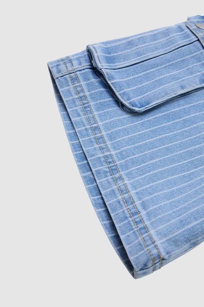 Pinstriped Flap Pocket High  Waist Denim Bermuda Shorts