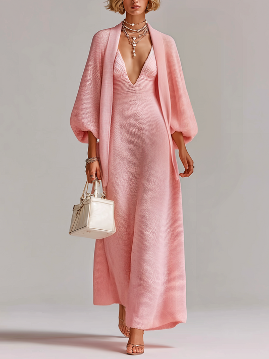 Stylish Elegant Pink V-neck Knit Maxi Dress Loose Bracelet Sleeves Cardigan Knit Two-Piece Set