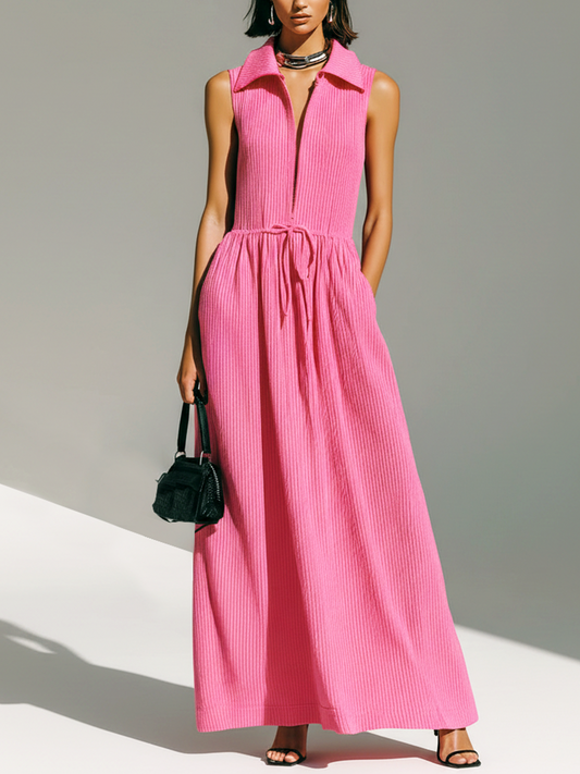 Stylish Elegant Pink Lapel Collar Zipper-Up Sleeveless Loose Belted Waist  Ribbed Knit Maxi Dress