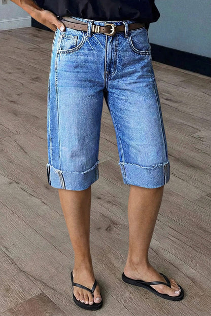 Seam Front Raw Hem High Rise Denim Bermuda Shorts Without Belt