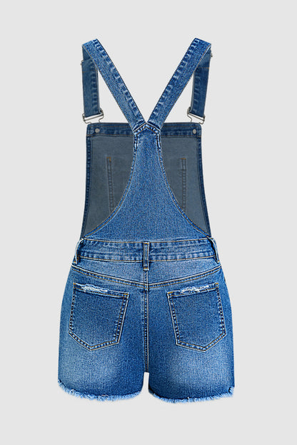 Wash Ripped Raw Hem Patch Pocket Denim Shortalls