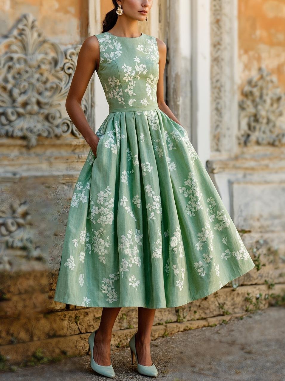 (TAILLE:TP-TTG) Robe Midi en Lin, Sans Manches, Mélange de Lin, Florale, Renaissance, Bleu Profond