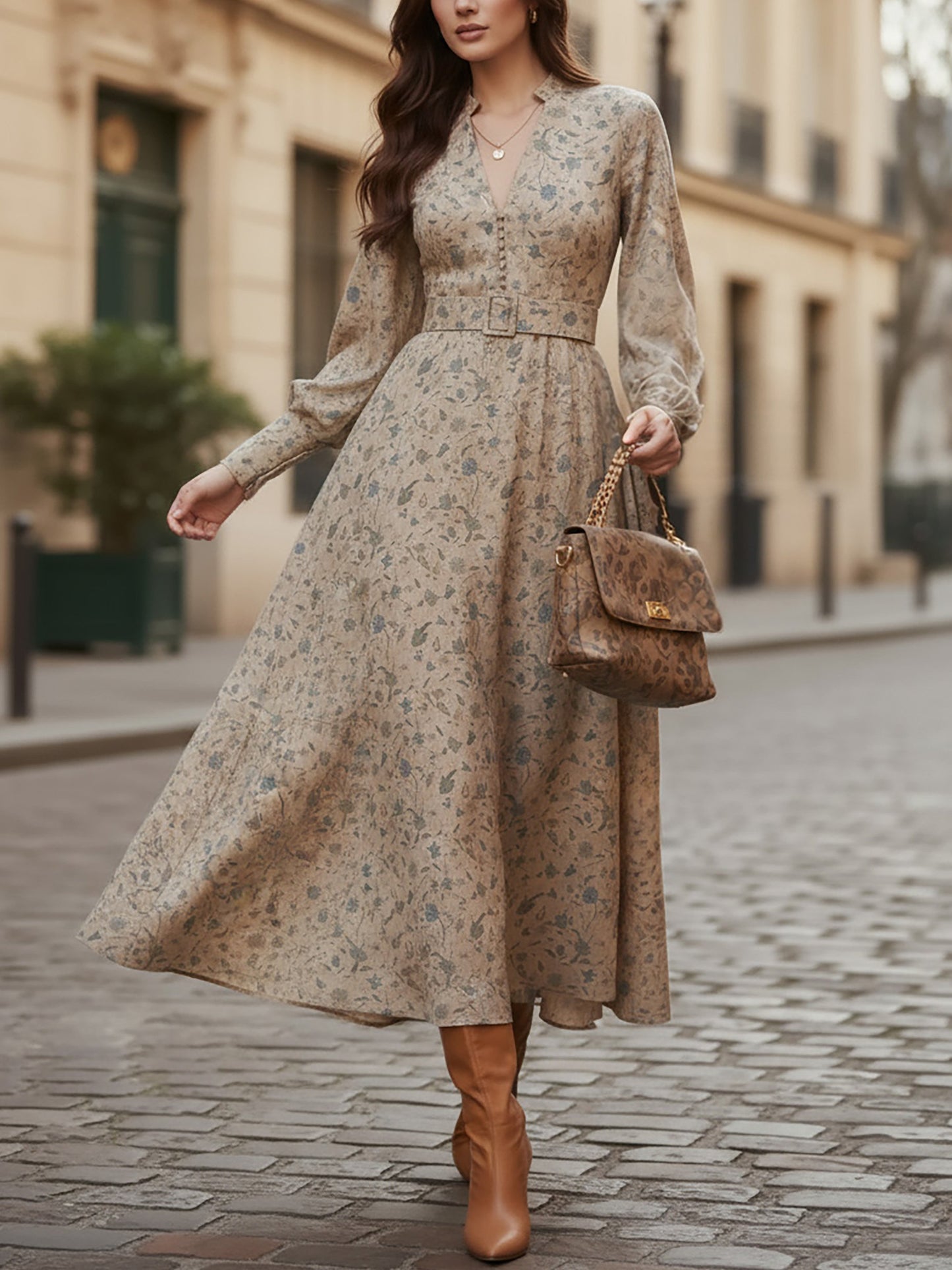 Robe Midi en Lin, Manches Longues, Col en V, Fleurie, Ceinturée, Vintage, Kaki