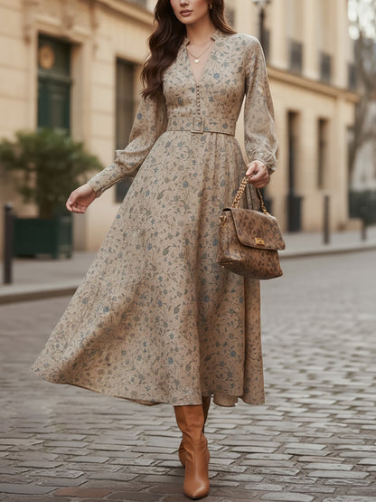 Robe Midi en Lin, Manches Longues, Col en V, Fleurie, Ceinturée, Vintage, Kaki