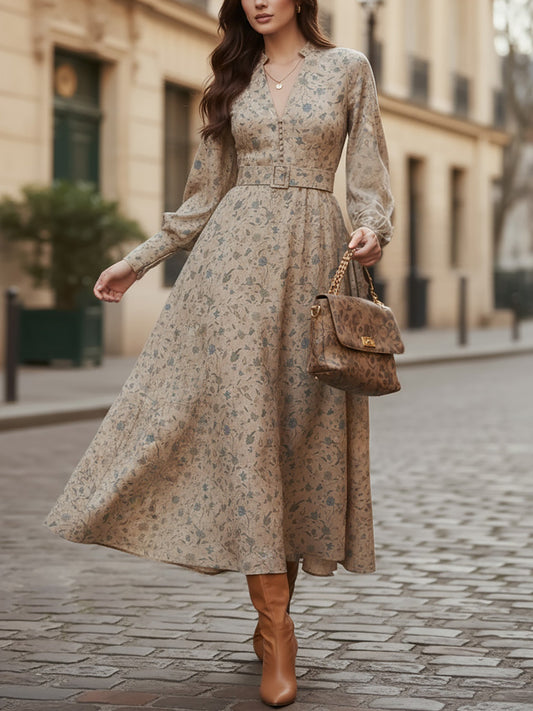 Robe Midi en Lin, Manches Longues, Col en V, Fleurie, Ceinturée, Vintage, Kaki