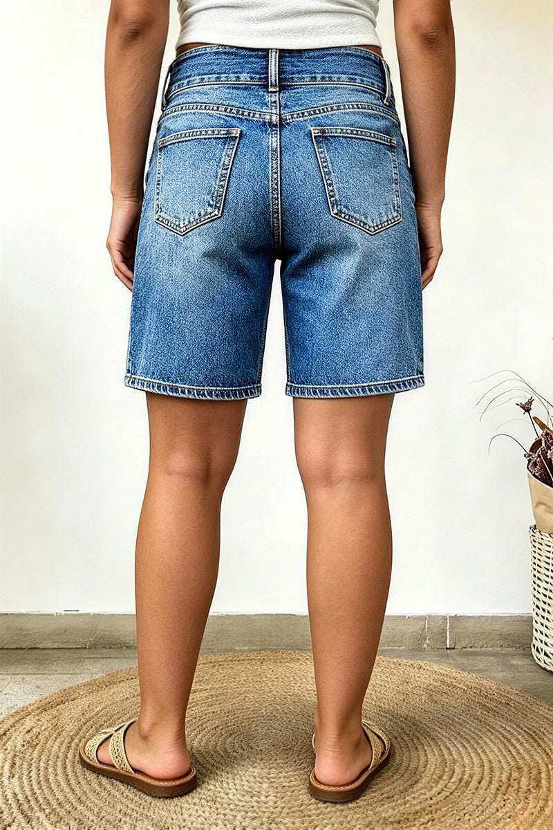 Asymmetrical Button Fly Mid Waist Denim Mid Thigh Shorts