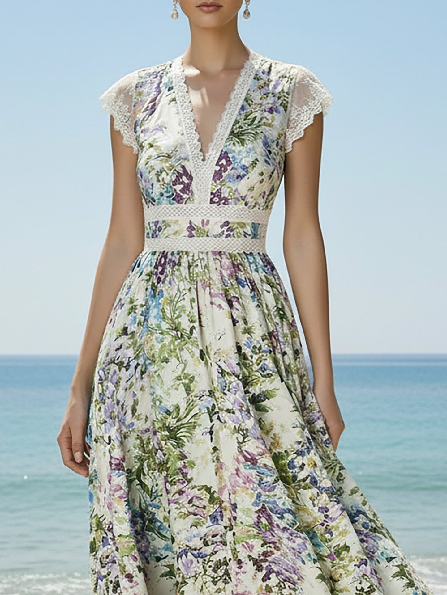 Robe longue en lin, Manches courtes, Florale, Dentelle, Vacances, Vintage, Blanche
