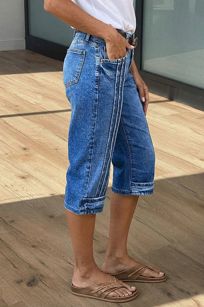 Wash Stitch Detail Mid Waist Straight Leg Capri Jeans Without Belt