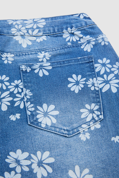 Floral Print Patch Pocket Drawstring Mid Rise Mid Thigh Denim Shorts
