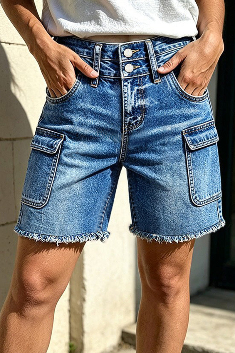 Wash Raw Hem Dual Button Mid Waist Denim Mid Thigh Shorts